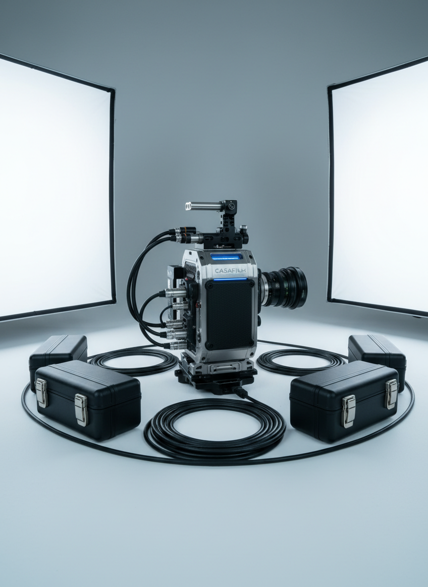 A state-of-the-art digital camera rig constructed with brushed steel and matte black accents is carefully positioned on a seamless neutral backdrop. Around it, meticulously coiled cords and neatly arranged lens cases form a harmonious composition, evoking a sense of readiness and technical excellence. The lighting is cool and even, emanating from strategically placed softboxes to eliminate harsh shadows and create precise contours along the camera’s surfaces. Captured at a low-angle perspective, the image highlights the camera’s sophisticated detailing and robust construction. The mood is focused and innovative, with photographic realism and corporate clarity, encapsulating Casafilm’s fusion of technology and professionalism in filmmaking.