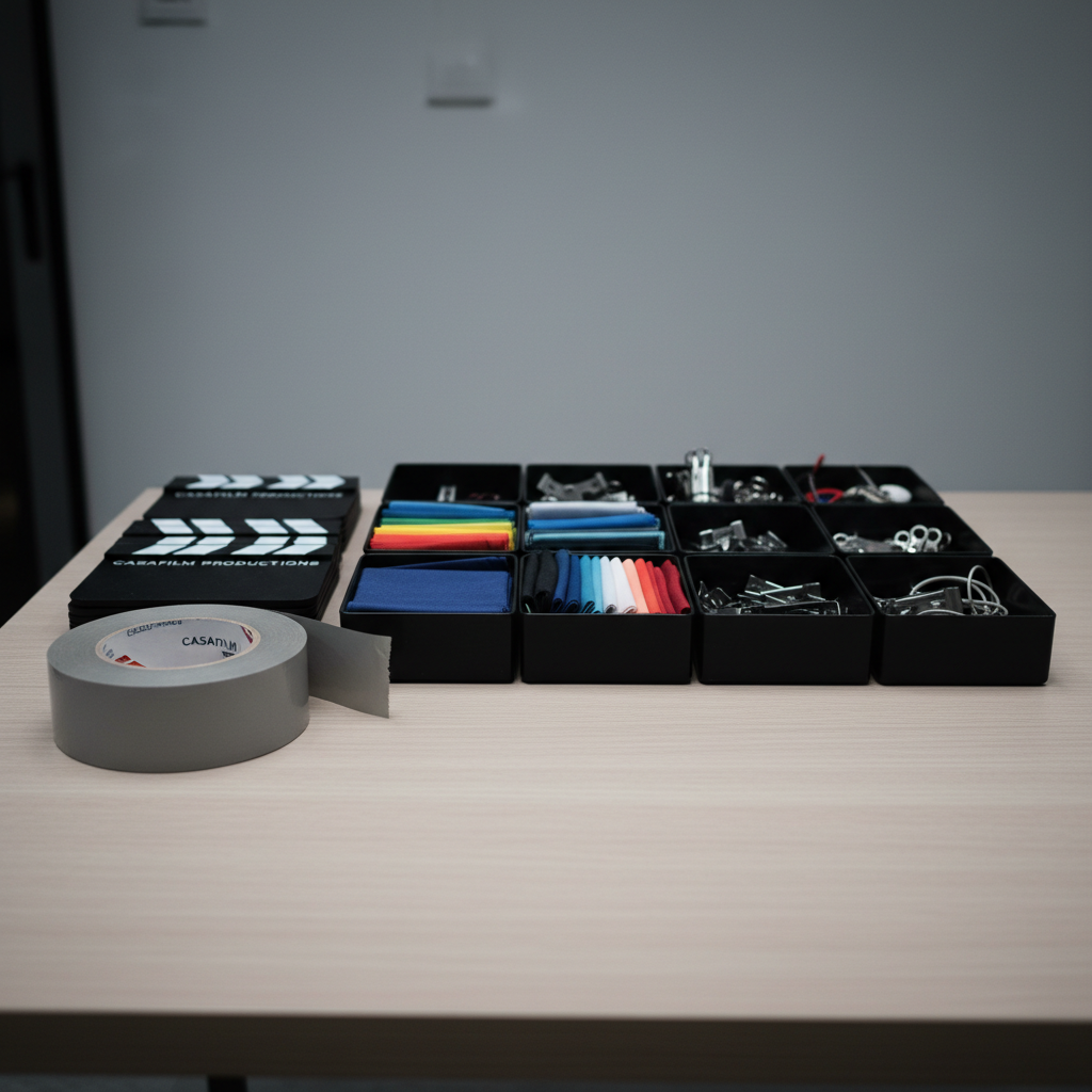 An expertly coiled roll of pristine, neutral-grey gaffer tape sits at the corner of an uncluttered, structured workspace with a durable, smooth wood grain surface. Adjacent to the tape, organizational trays hold neatly categorized props such as slate markers and color swatches, separated in clean sections. The room’s lighting is soft and ambient, emanating from a concealed fixture overhead, delivering even, shadow-less illumination that highlights order and preparation. The mood is quietly industrious and methodical, framed in a centered, close-up composition with sharp focus on the workplace’s textures and symmetry. The photographic realism and understated color palette support Casafilm’s precise, behind-the-scenes professionalism in creating blockbuster films.