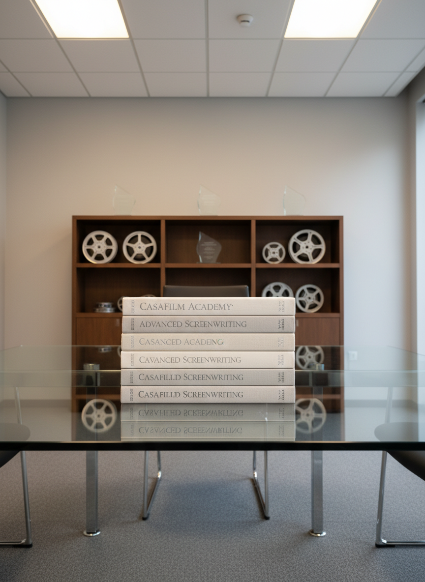 A stack of refined, neutral-hued hardbound scripts with embossed silver titles is placed on a sleek glass conference table, its chrome legs reflecting the structured lines of the room. The scripts are perfectly aligned, conveying meticulous organization. Behind, a minimalist shelving unit displays vintage film reels and monochrome awards, creating visual balance and depth. Overhead, soft studio lights cast gentle highlights on the table’s surface, emphasizing cleanliness and professionalism, while keeping shadows crisp and contained. The atmosphere is calm, measured, and businesslike, depicted through a slightly elevated angle that showcases the clean, structured layout. Photographic realism and a minimalist, balanced design reinforce Casafilm’s dedication to professional training and high standards in performing arts.
