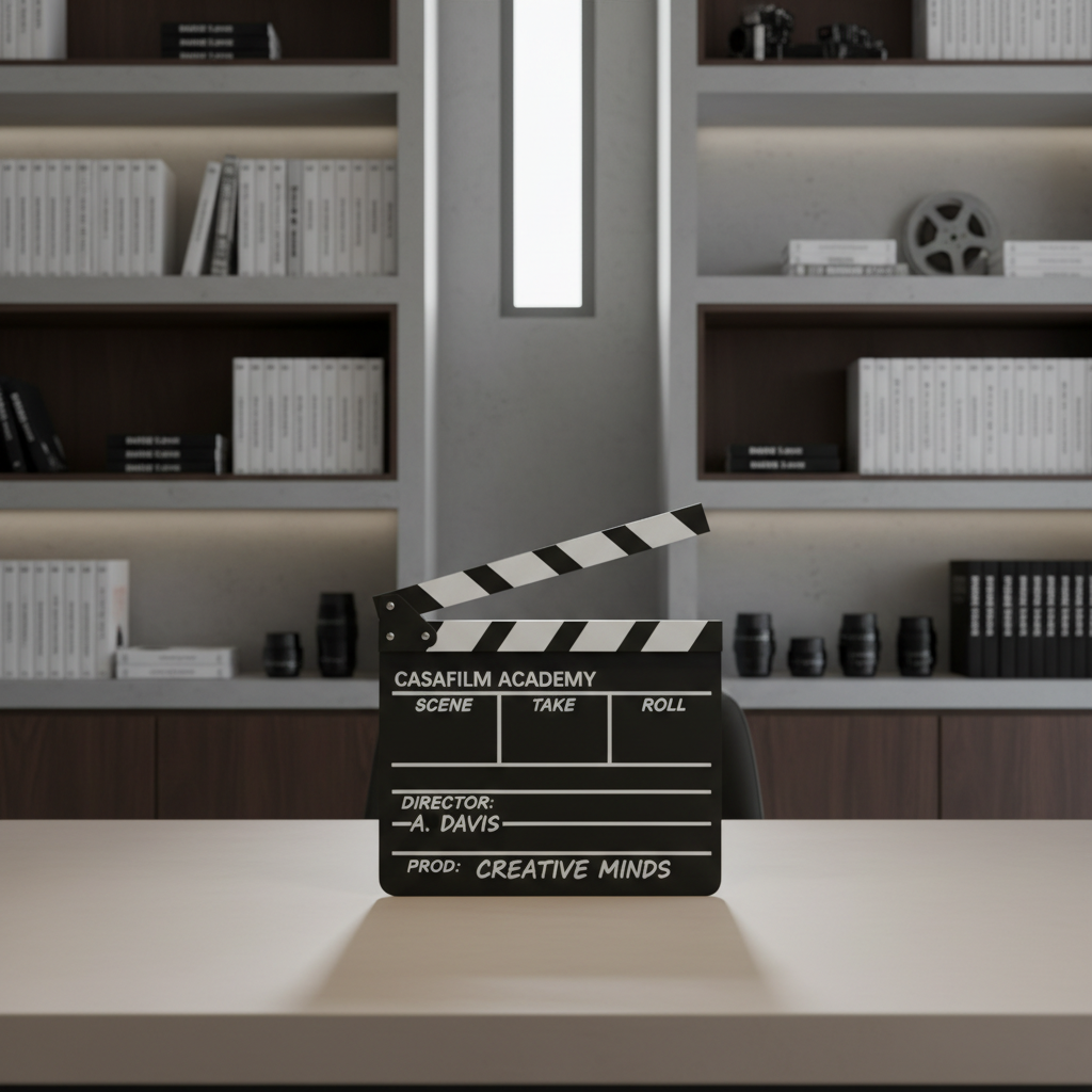 A meticulously arranged, modern film clapperboard made from matte black and white polished wood sits atop a smoothly finished, neutral-toned desk. In the background, clean architectural lines hint at a contemporary studio space, with built-in shelving holding carefully sorted film scripts and camera lenses. Subtle, diffused natural daylight pours in from a high window, casting soft, balanced shadows and illuminating the clapperboard’s engraved lettering. The scene is captured from an eye-level, centered composition, maintaining sharp focus throughout to display the environment’s structured, corporate elegance. The mood is professional and ordered, embodying the sophisticated yet creative tone of a premier performing arts academy. Styled in photographic realism with a clean and modern corporate aesthetic, this image directly reflects Casafilm’s commitment to both artistry and precision.