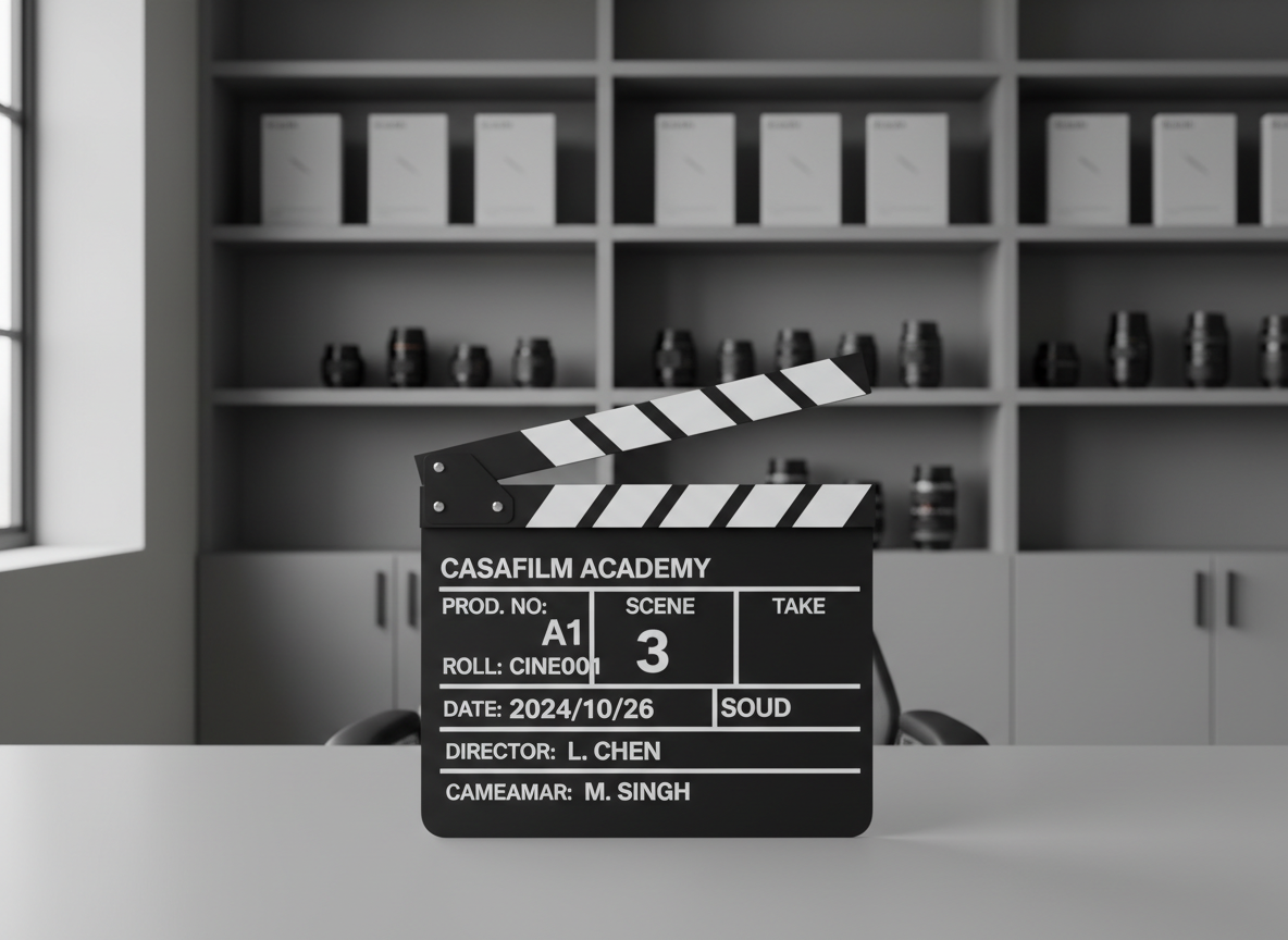 A meticulously arranged, modern film clapperboard made from matte black and white polished wood sits atop a smoothly finished, neutral-toned desk. In the background, clean architectural lines hint at a contemporary studio space, with built-in shelving holding carefully sorted film scripts and camera lenses. Subtle, diffused natural daylight pours in from a high window, casting soft, balanced shadows and illuminating the clapperboard’s engraved lettering. The scene is captured from an eye-level, centered composition, maintaining sharp focus throughout to display the environment’s structured, corporate elegance. The mood is professional and ordered, embodying the sophisticated yet creative tone of a premier performing arts academy. Styled in photographic realism with a clean and modern corporate aesthetic, this image directly reflects Casafilm’s commitment to both artistry and precision.