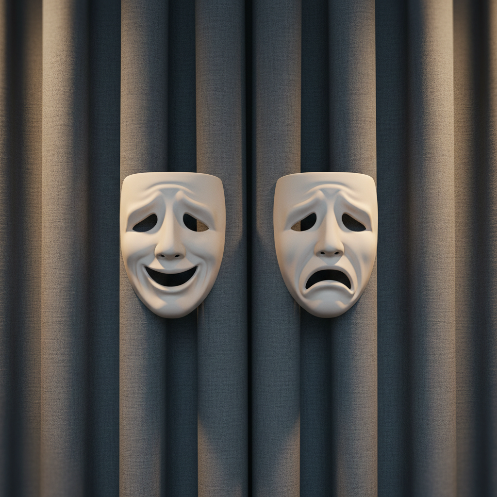 A perfectly balanced arrangement of crisp, neutral-toned theater masks—one representing comedy, the other tragedy—crafted from smooth, matte porcelain, rests against a backdrop of textured, slate-grey stage curtains. The curtains flow in clean, vertical lines, adding structure and depth to the scene. Off-camera spotlights bathe the masks in soft, angled lighting, casting subtle but deliberate shadows that accentuate their contours. The camera is positioned at a symmetrical, slightly elevated angle, emphasizing compositional stability. The overall mood is contemplative and refined, with a focus on artistry and disciplined craft. The visual style is photographic with a minimalist, corporate aesthetic, perfectly suited for a performing arts business with Casafilm’s reputation.